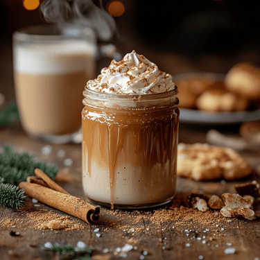 A mason jar of layered coffee topped with whipped cream and Salted Caramel Seasoning 🍯, caramel dripping down the sides, surrounded by cinnamon sticks, cookies, evergreen sprigs, and a blurred mug in the background.